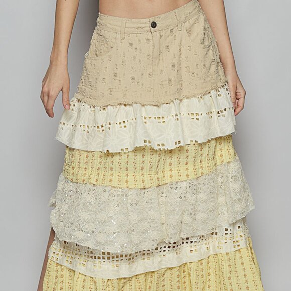 LAST ONE - POL Cream Mix Multi Tiered Lace Detail Maxi Skirt - NWT - Picture 3 of 7